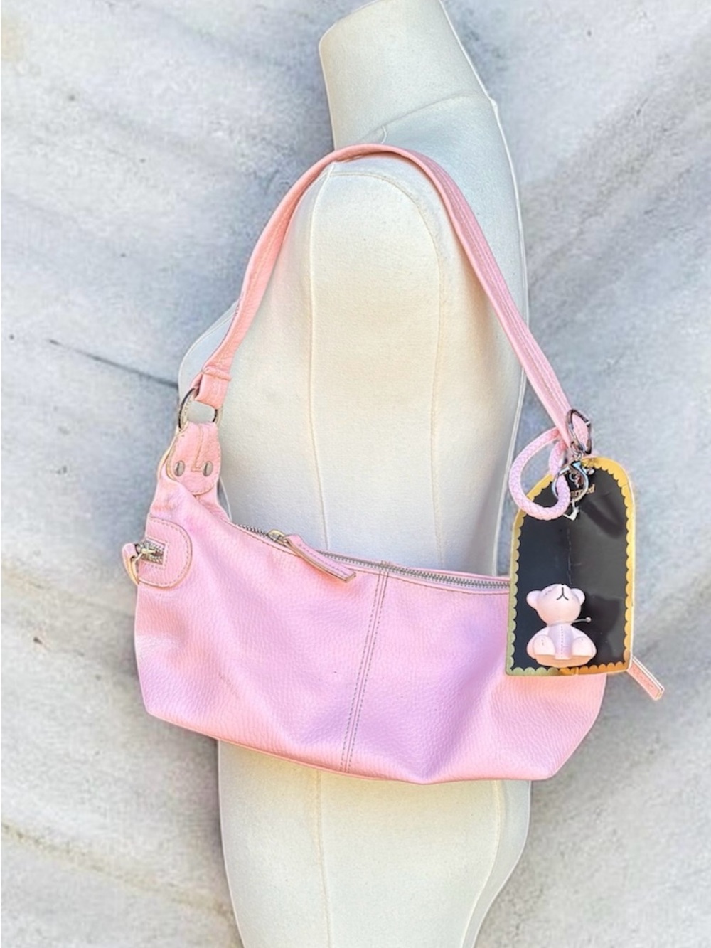 Pink Leather Shoulder Bag with Charm
